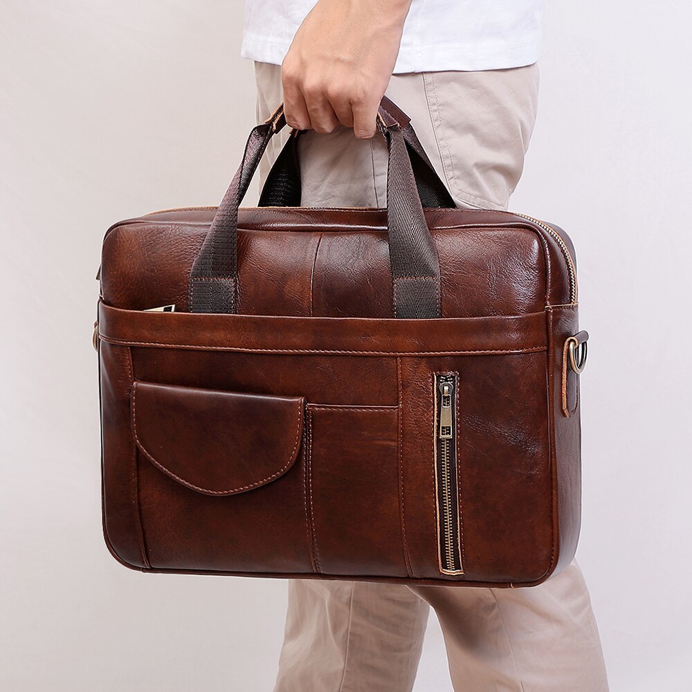 J.M.D Mens Leather Cowhide Deluxe Briefcase 15.7" Laptop Bag Expandable Handbag 
